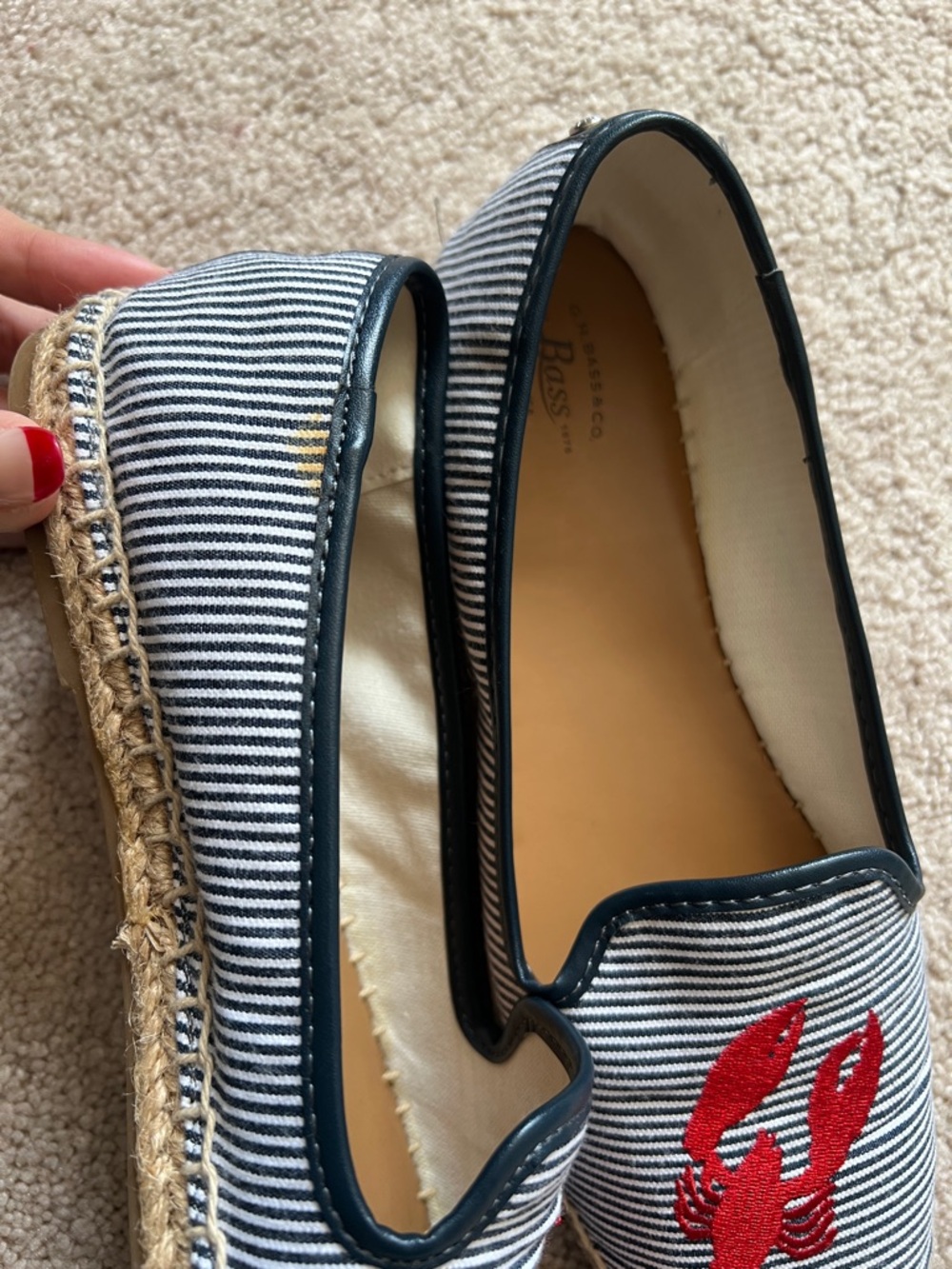Bass Navy and White Striped Espadrille Flats with Red Lobster Embroidery - Picture 2 of 4